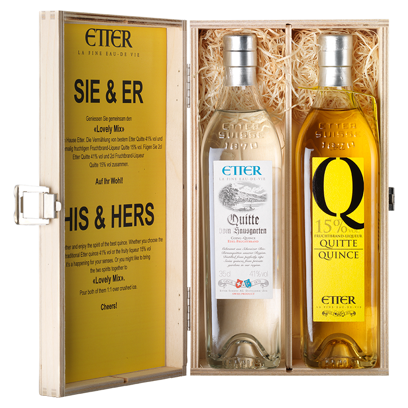 Wooden gift box 2x35cl HIS & HER Etter Quince 70cl, 28% vol