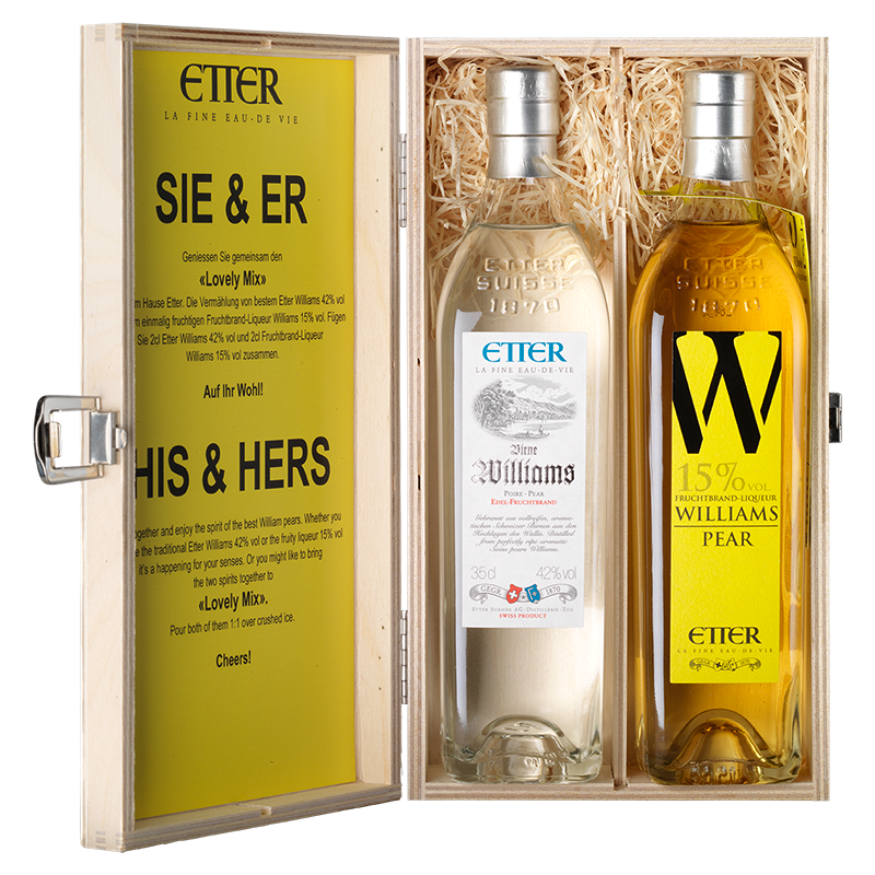 Wooden gift box 2x35cl HIS & HER Etter Pear Williams 70cl, 28.5% vol