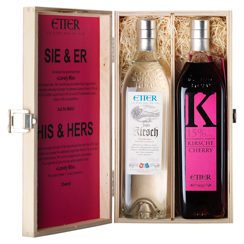 Wooden gift box 2x35cl HIS & HER Etter Zuger Kirsch 70cl, 28% vol